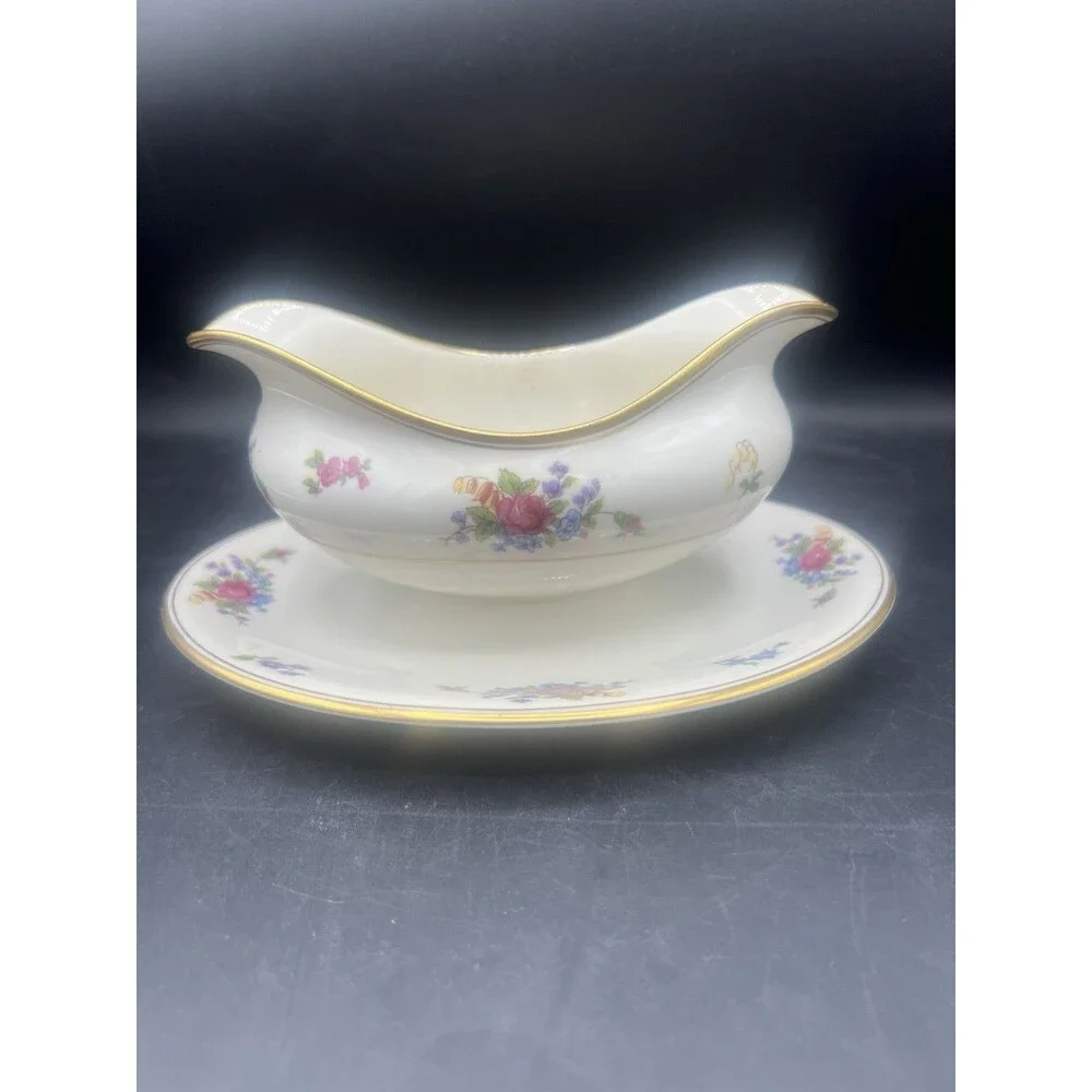 Vintage Lamberton Rose of Lamberton Gravy Boat Underplate Gold Trim Floral China